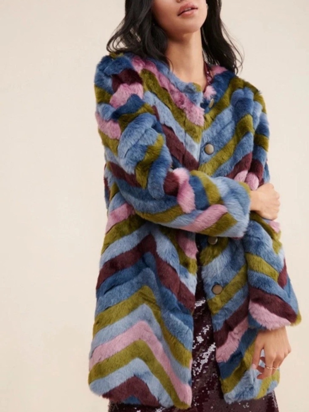 Anthropologie Hutch Rainbow Chevron Faux Fur Coat 1X Plus Size Statement